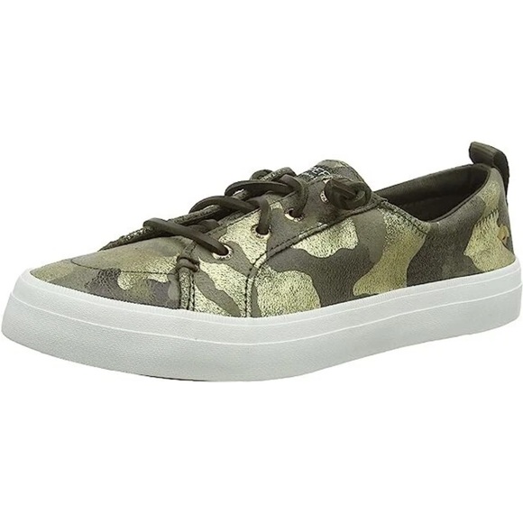 Sperry Crest Vibe Metallic Olive Camo Leather Sneakers  NWOT Size 9 1/2 - Picture 1 of 14